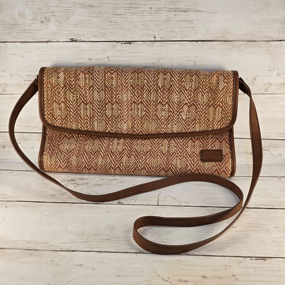 Levis Woven Geometric Crossbody Bag Brown Faux Leather Trim Denim Lined